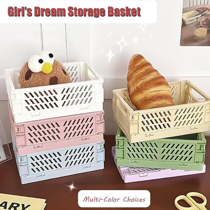 Small Pastel Plastic Storage Bins 2Pcs Foldable Pastel Crates Plastic Basket Colorful Storage Containers Baskets for Classroom Kitchen Office Bedroom Desktop Home Decor (White 5.8" x 3.8" x 2.2")