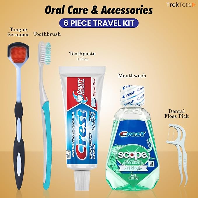 Trektote 6-Piece Travel Size Toothbrush and Toothpaste Set - TSA Approved Toothbrush Travel Kit - Includes Toothpaste and Mouthwash - Dental Oral Care Kit