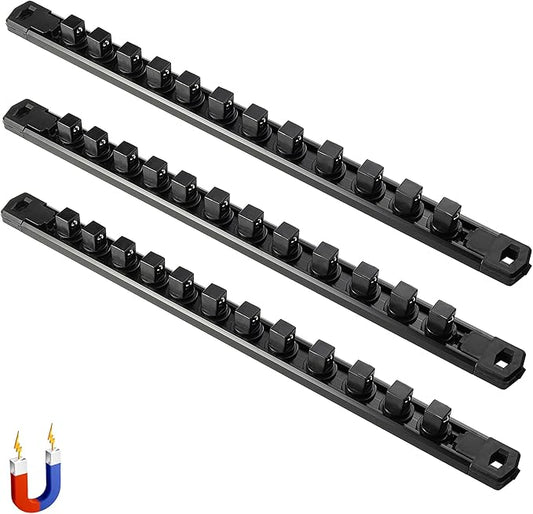 ALOANES 3-Piece Magnetic Socket Organizer, Heavy Duty Aluminum Socket Rails Organizer, 360° Swivel Clips Socket Holder Kit for Tool Box, 1/4-Inch Socket Holder x 42 Clips (Black)