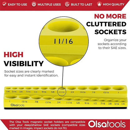 Olsa Tools Magnetic Socket Organizer | 3/8-inch Drive | SAE | Yellow | Holds 16 Sockets | Professional Quality Tools Organizer