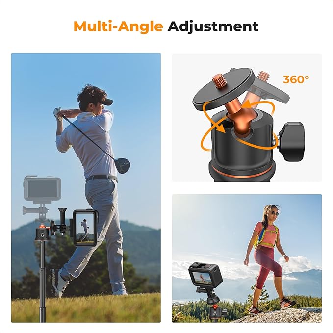 K&F Concept Selfie Stick Tripod, 60cm/23.6" Extendable Ball Head Vlog Selfie Stick Handle for GoPro Hero 13/12/11/10/9/8/7/Max DJI Osmo 360 Pocket 3 Action 5 Pro.