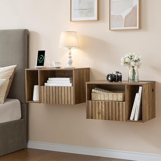 Floating Nightstand with Charging Station - Rustic Brown Wall Mounted Modern Fluted Bedside Table with Drawer, USB Ports & Outlets (Set of 2)