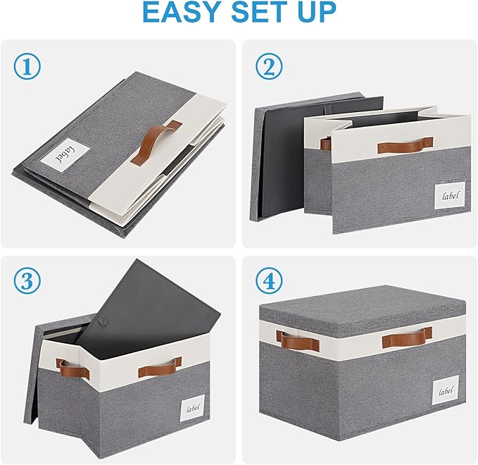 Large Storage Bins with Lids, Foldable Fabric Storage Baskets with Lids, Sturdy Storage Boxes with Labels and 3 PU Handles for Closet Home Bedroom Office (26L, 3 Packs, Grey&White)