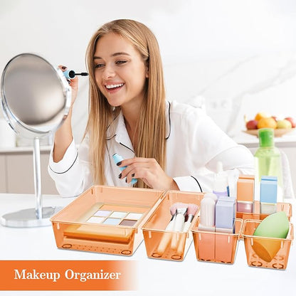 25 PCS Plastic Drawer Organizer Set, 4-Size Versatile Organizer Trays & storage Bins for Makeup, Jewelry, and Gadgets in Bathroom, Bedroom and Office,Orange