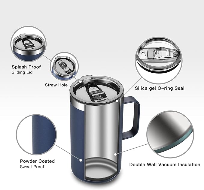KXIAOCHEN 20oz Insulated Coffee Mug with Lid, Stainless Steel Coffee Cup, Double Wall Vacuum Coffee Tumbler with Handle, Premium Thermal Travel Coffee Mug (Navy blue 2Pack)