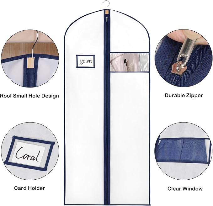 Syeeiex 60'' Garment Bags for Hanging Clothes, Set of 8 Dress Bags for Gowns, Dress Garment Bags for Gowns,Evening Dresses,Fur Coat,Long Dress(White & Dark Blue)