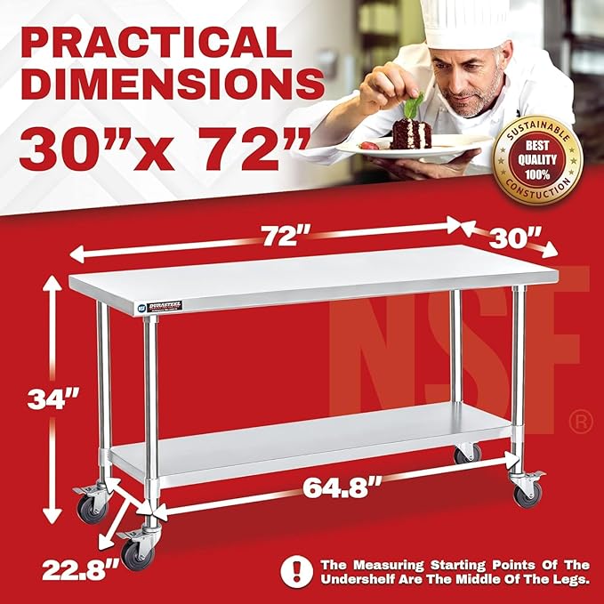 DuraSteel 30x72 NSF Stainless Steel Cart Work Table - Heavy Duty Rolling Food Prep Table Countertop Island - Metal Utility Cart on Wheels Caster, Grill Stand Storage Outdoor Kitchen Tables Bar Top
