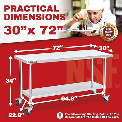 DuraSteel 30x72 NSF Stainless Steel Cart Work Table - Heavy Duty Rolling Food Prep Table Countertop Island - Metal Utility Cart on Wheels Caster, Grill Stand Storage Outdoor Kitchen Tables Bar Top