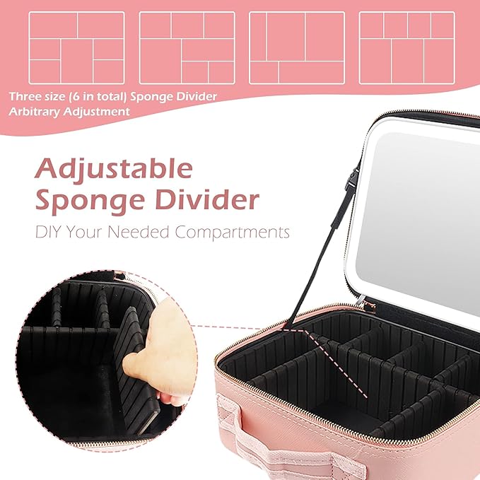 MOMIRA Makeup Train Case with Light & Mirror Large Cosmetic Organizer with Adjustable Dividers for Cosmetics,10X Magnifying Makeup Mirror,Pink