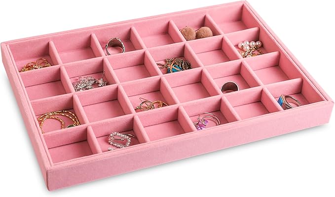 Frebeauty Stackable Velvet Jewelry Organizer Trays for Drawers Inserts Jewelry Storage Tray Display Case, Stud Earrings Bracelets Necklace Rings Accessories Trays for Women(Set of 2)(Pink)
