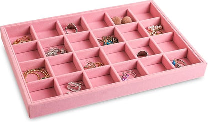 Frebeauty Stackable Velvet Jewelry Organizer Trays for Drawers Inserts Jewelry Storage Tray Display Case, Stud Earrings Bracelets Necklace Rings Accessories Trays for Women(Set of 2)(Pink)