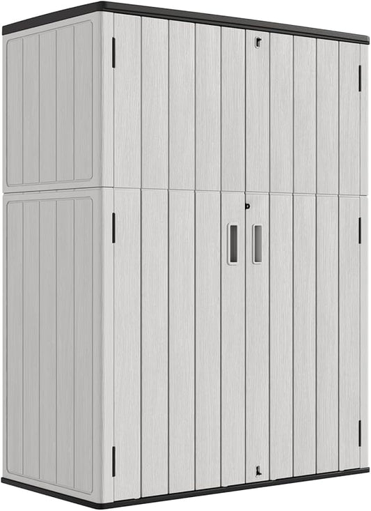 KINYING Outdoor Vertical Storage Shed,57 Cu.ft Outdoor Storage Cabinet Waterproof,Resin Sheds & Outdoor Storage for Garden,Patio,Backyard,Lockable (Grey Color)