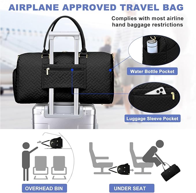 Women Duffle Weekender Travel Bag: Large Duffel Bags with Shoe Compartment Carry On Overnight Tote Bag with Wet Pocket Toiletry Bag Traveling Weekend Gym Yoga Hospital Bags for Labor & Delivery Black