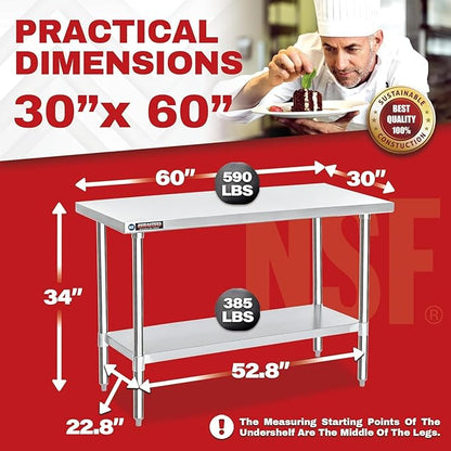 DuraSteel 30x60 Stainless Steel Work Table - NSF Commercial Prep Metal Table - Outdoor Pizza Oven Stand w/Under Shelf - Kitchen Island Laundry Utility Garage Microwave Stand Large Rolling Storage Cart
