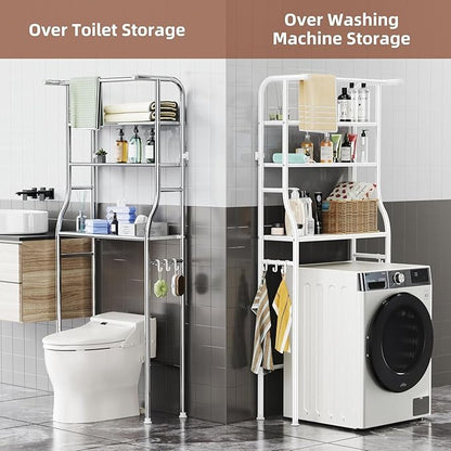 Over The Washer and Dryer Storage Shelf, 3 Tier Laundry Room Metal Drying Rack with Towels Hangers, Space Saver Organizer for Hanging Clothes and Towels (Metal White RA2)