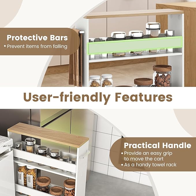 MAT EXPERT Slim Rolling Storage Cart, 4-Tier Freestanding Slim Storage Cart with Wheels 360 Degree & Metal Handle, Wooden Utility Cart for Narrow Kitchen, Laundry Room, Bathroom (White + Natural)