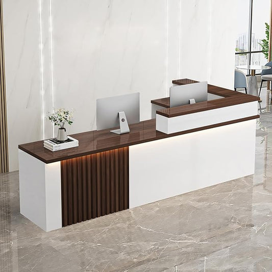 Receptionist Desk with LED Light，Wooden Salon Checkout Counter with Storage Drawer & Keyboard Tray Modern L-Shaped Reception Desk for Barbershop Office Company Store