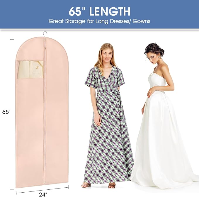 Dress Bags for Gowns, 65'' Pink Garment Bags for Hanging Clothes, Dress Garment Bag Women, Long Dress Cover with Clear Window for Dresses, Coats, Uniforms（2 Pack）