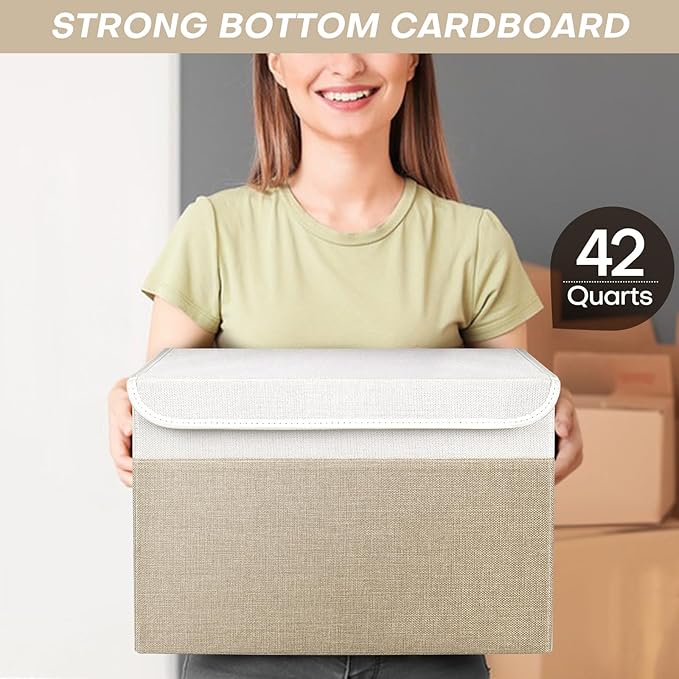 Large 17" 42 Quarts Collapsible Stackable Storage Bins with Lids [3-Pack] Foldable Fabric Linen Storage Boxes Cube, Closet Organizer Baskets with Label (16.7 x 12 x 12, Beige & White)