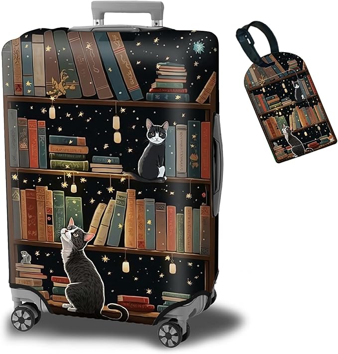 Luggage Cover + Tag, Cat Library Travel Suitcase Protector for 30 inch Luggage (XL) with Concealed Zipper, Washable Elastic Cloth, Dustproof, Anti-Scratch