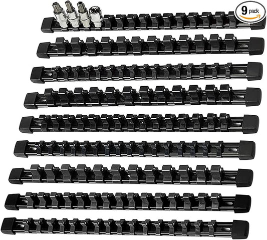 AMM 9-Piece Socket Organizer, 1/2 inch, 3/8 inch and 1/4 inch Drive ABS Tools-Black Socket Holder,Heavy Duty Socket Racks, Premium Quality Socket Clip Rail Holder,The best tool trays in the garage