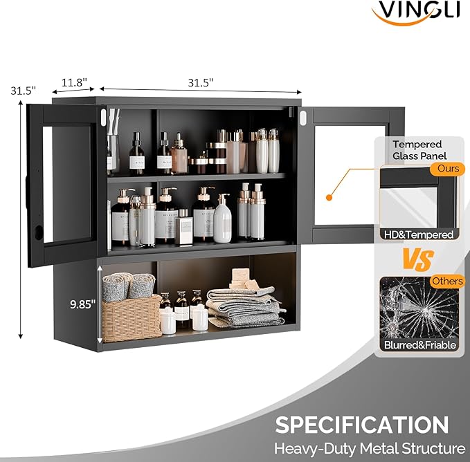VINGLI Metal Wall Cabinet with Locking Glass Doors & Magnetic LED Sensor Light, Adjustable Shelf, Wall Mounted Storage Display Cabinets for Garage, Kitchen, Home Office, Warehouse, Living Room, Black