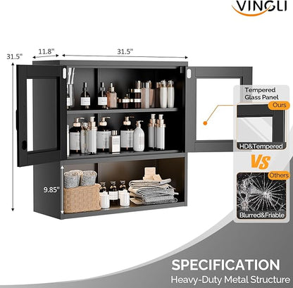 VINGLI Metal Wall Cabinet with Locking Glass Doors & Magnetic LED Sensor Light, Adjustable Shelf, Wall Mounted Storage Display Cabinets for Garage, Kitchen, Home Office, Warehouse, Living Room, Black