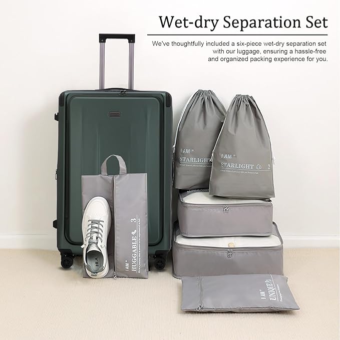 Premium Carry On Luggage, 29 Inch Top Opening Aluminum Frame Airline Approved ABS+PC Hard Shell Suitcases with Silent Wheels, TSA Lock, Front Pocket & Wet-dry Separated Six-piece set