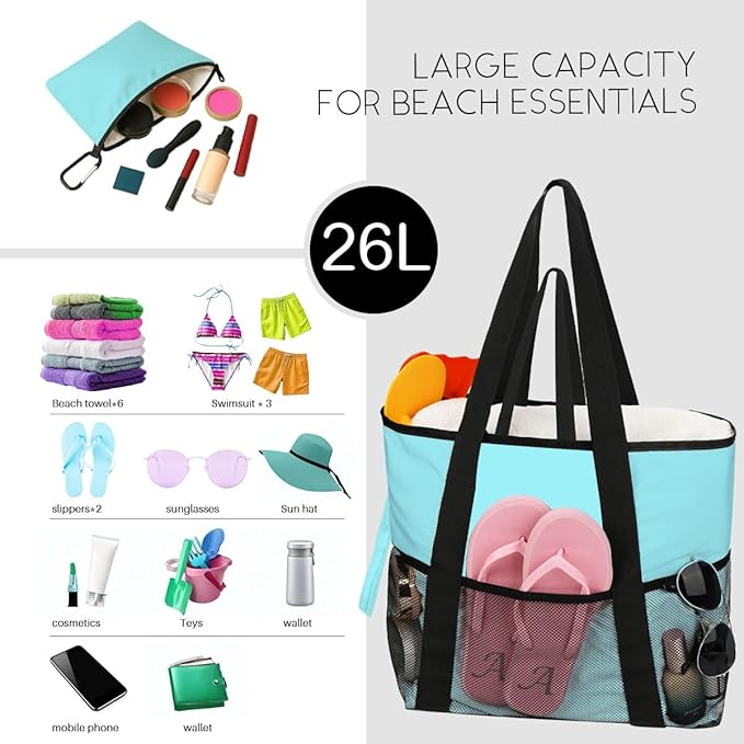 Sandproof Beach Bag with Zipper - 8-Pocket Waterproof Tote for Women & Family | Foldable Travel Swim Bag (Gift-Ready)