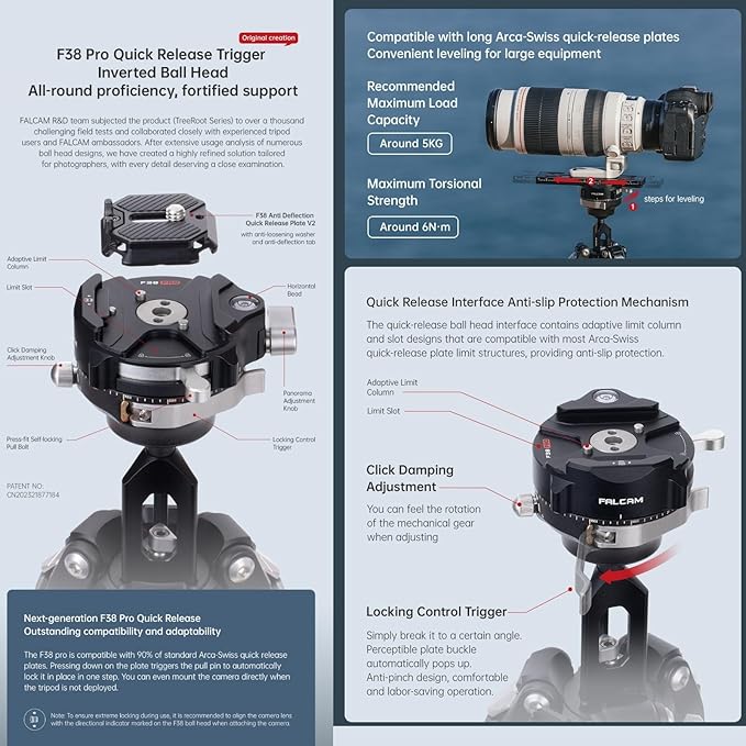 Falcam TreeRoot 61" F38 Pro Quick Lock Travel Tripod,with 360 Degree Damping Ball Head Load Capacity 5kg/11lbs,Carbon Fiber Tripod with F22 Interfaces, 1/4" Screw,Carry Strap Holes for Cameras