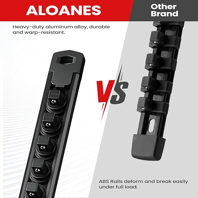 ALOANES 6-Piece Magnetic Socket Organizer, Heavy Duty Aluminum Socket Rails Organizer, 360° Swivel Clips Socket Holder Kit for Tool Box, 1/2, 3/8, 1/4-Inch Socket Holder x 80 Clips (Black)