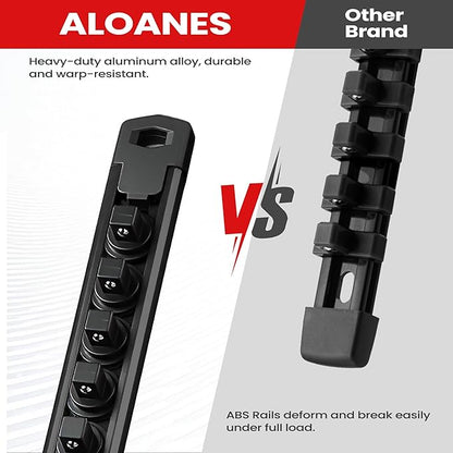 ALOANES 6-Piece Magnetic Socket Organizer, Heavy Duty Aluminum Socket Rails Organizer, 360° Swivel Clips Socket Holder Kit for Tool Box, 1/2, 3/8, 1/4-Inch Socket Holder x 80 Clips (Black)