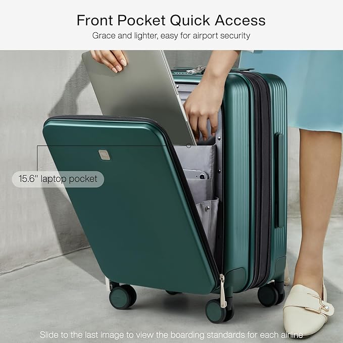 Hanke Grace Expandable Carry On Luggage with Wheels Airline Approved Hard Shell Suitcases with Front Pocket，Top Opening Luggage with TSA Lock for Short Business Travel, Blackish Green.