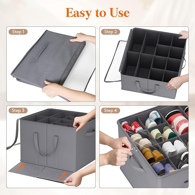 Lifewit Shoe Storage Organizer for Closet, Fits 12-16 Pairs, Large Shoe Box Storage Containers with Clear Cover and Reinforced Handles, Foldable Storage Bins Fits for Boots Heels Sneakers, 3 Pack Gray