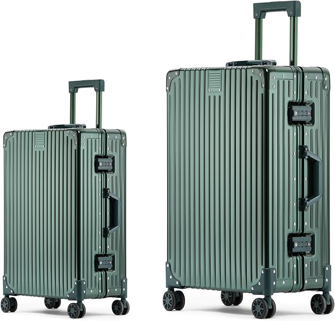 Metal All Aluminum Carry-on Luggage TSA Customs Lock Zipperless Silent Rotary Wheel Business Suitcase Aluminum Frame Set (dark green, 2Piece(20/26))