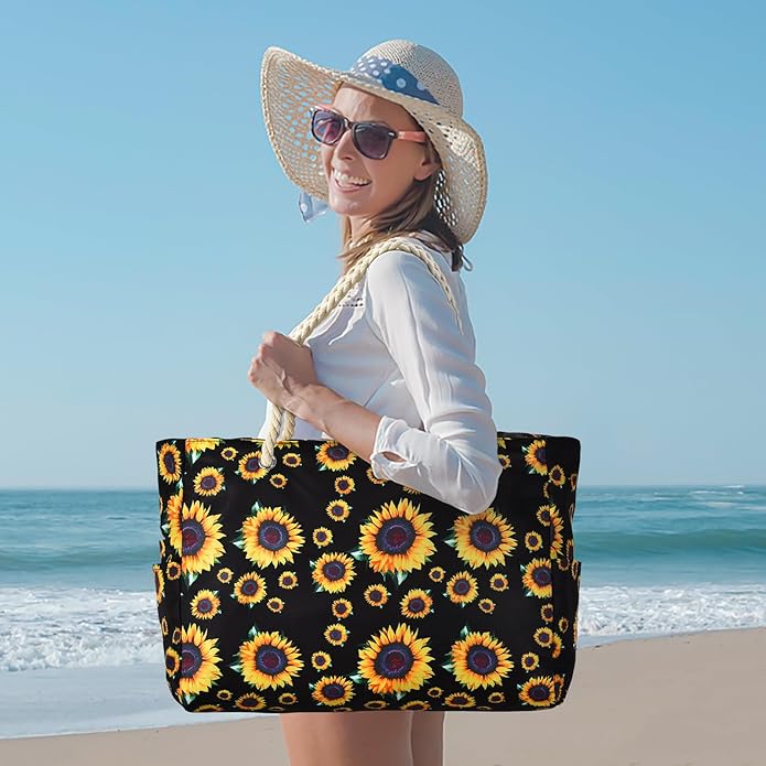 Becokan Beach Bag Large Beach Tote Bag for Women Waterproof Sandproof Swim Pool Bag With Zipper
