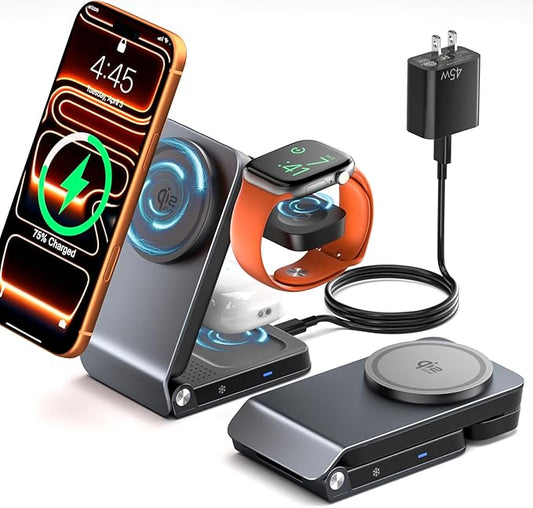 3-in-1 Charging Station for Multiple Devices Compatible with MagSafe Charger, Qi2.2 25W Magnetic Wireless Charger Dock, Foldable Charging Stand for iPhone 17 Pro Max, Apple Watch, AirPods