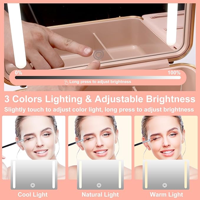 Mocado Travel Makeup Case with Lighted Mirror, 8 Makeup Brushes & 10x Magnifying Mirror, Adjustable Brightness Train Case (Pink)