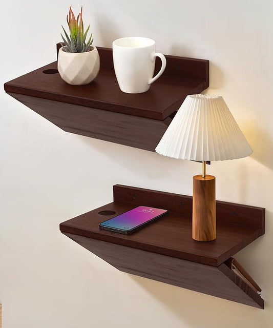 Floating Nightstand, Modern Wood Floating Bedside Table Z-Shape Wall Mounted Nightstand Small Hanging Night Stands for Bedroom (2, Dark Cherry)