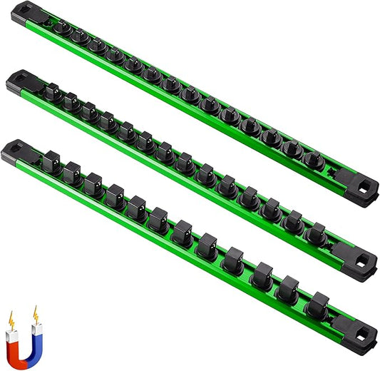 ALOANES 3-Piece Magnetic Socket Organizer, Heavy Duty Aluminum Rails With 360 Swivel Clips, Holder Kit for Tool Box, 1/2, 3/8, 1/4-Inch x 40 Clips (Green)