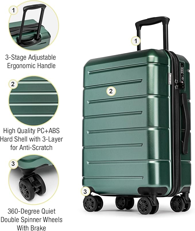 KYME Luggage Sets 3 Piece Hardshell 22in/26in/30in Suitcases with Spinner Wheels Hardside Suitcase Sets with TSA Lock Travel Rolling Luggage Set for Women Men Green