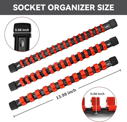 Socket Organizer Drive ABS Tools-Socket Holder, Premium Quality 27 Pieces Socket Holders Kit 1/4-Inch x 144 Clips, 3/8-Inch x 135 Clips, 1/2-Inch x 108 Clips（27PC,Blue&Red&Black)
