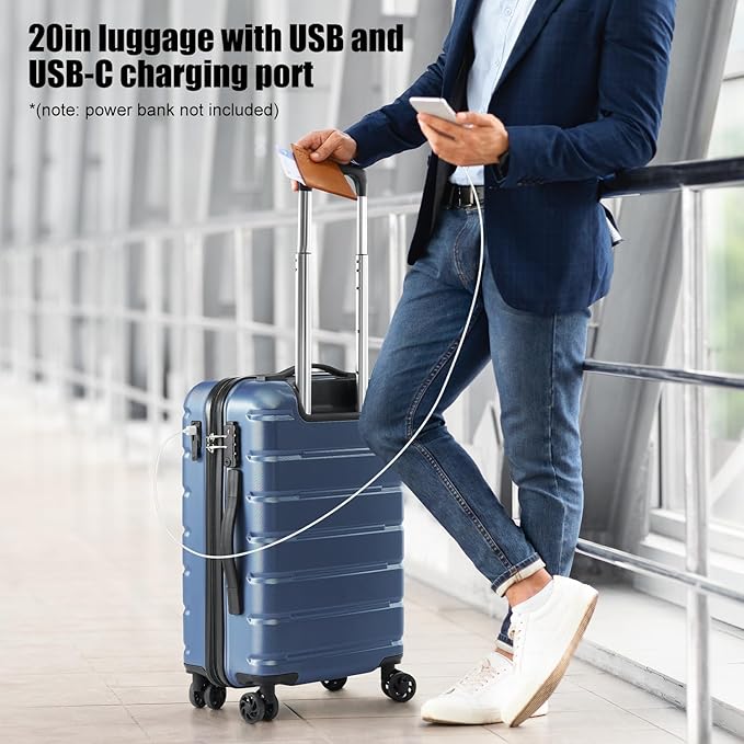 Coolife Luggage Suitcase Carry-on Spinner TSA Lock USB Port Expandable (only 28’’) Lightweight Hardside Luggage (Gray, 3 piece set)
