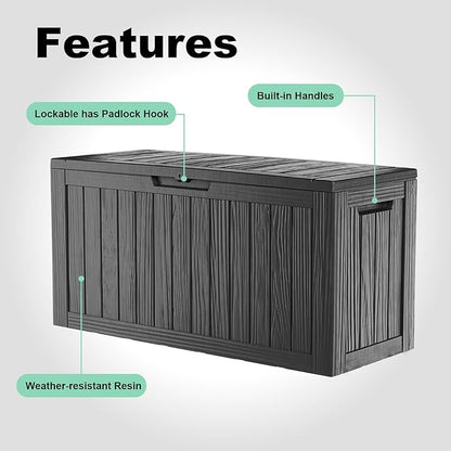 90 Gallon Deck Box,Resin Outdoor Storage Box with Lockable for Patio Furniture, Pool Accessories, Garden Tools Waterproof Outside Storage Box, Black