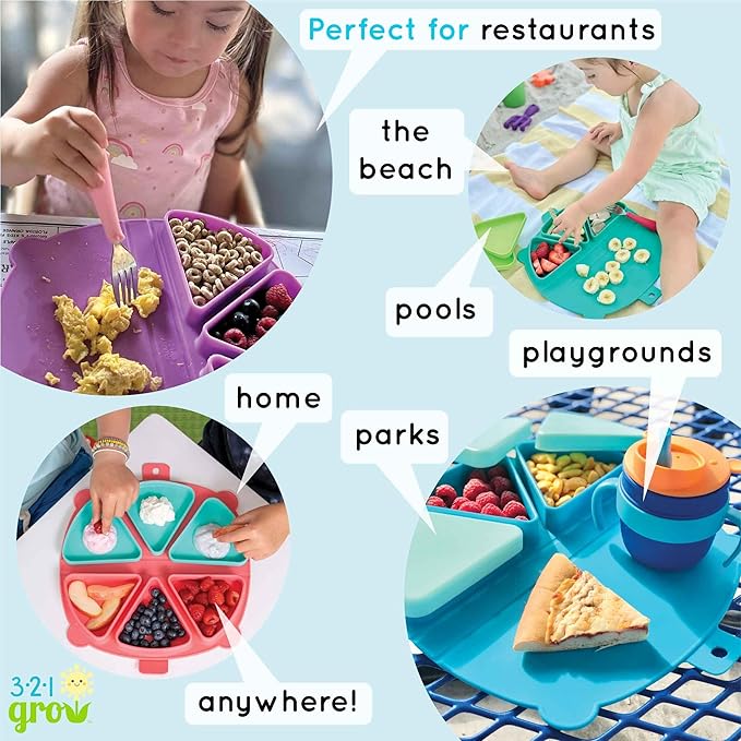 On-The-Go Snack Mat – Baby Silicone Travel Dining Placemat – Portable Silicone Toddler Plate – Reusable Snack Container with 3 Compartments and Lids for 6 Months + (Ocean)