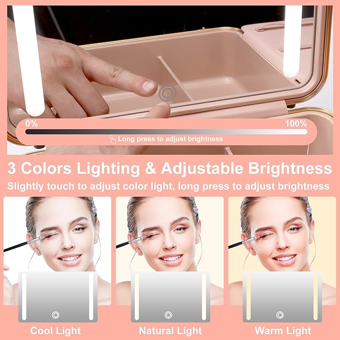 Mocado Travel Makeup Case with Lighted Mirror, Makeup Box with 8 Makeup Brushes and 10x Magnifying Mirror,Cosmetic Case Adjustable Brightness Makeup Train Case with Makeup Brushes Divider(Black)