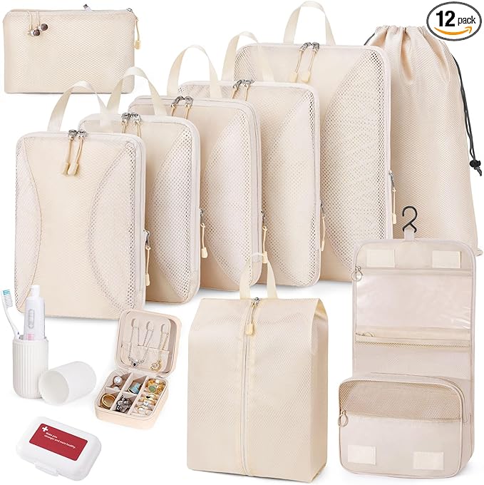 Compression Packing Cubes 12 Set, Suitcase Organizers, Extendable Packing Cubes, Luggage Organizer Bags, Travel Essentials, Beige