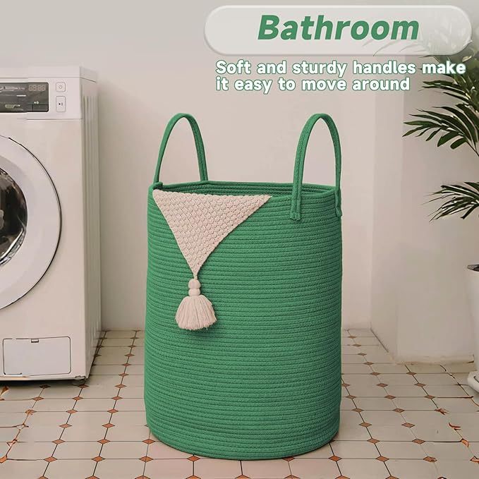 Large Woven Laundry Basket Hamper,100L Cotton Rope Storage Bin for Blankets,Toys and Clothes,Decorative Tall Nursery Hamper for Living Room,Baby Nursery,Bathroom and Bedroom,Dark Green