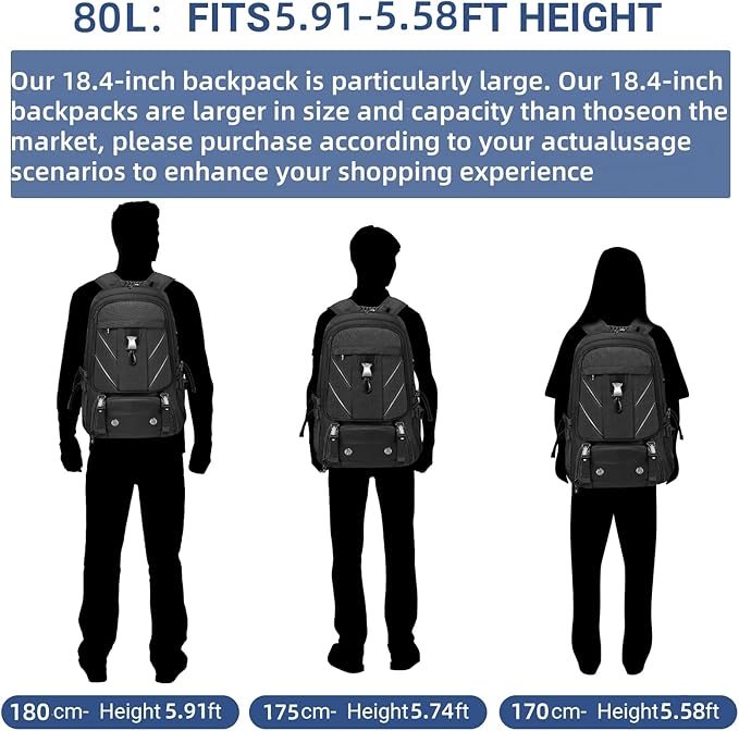 18.4 Inch Large Travel Backpack with Shoe Compartment,80L Water Resistant Anti Theft Backpacks with USB Charging Port,Carry on Flight Approved Laptop Bag Multiple Backpack (Fits above 5.91 ft height)