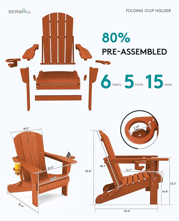 SERWALL Adirondack Chair with Cup Holders - Composite Adirondack Chairs Set of 6 HDPE Outdoor Chairs All Weather Use- Orange